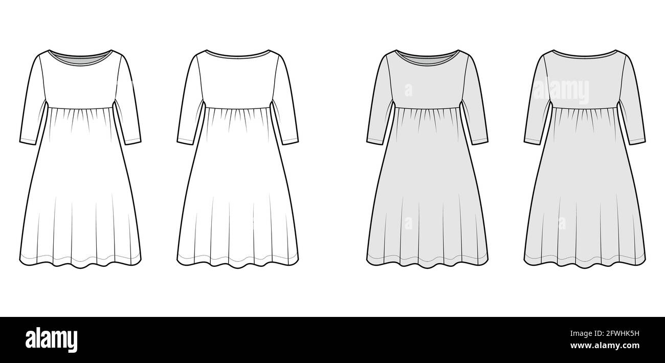 Dress babydoll technical fashion illustration with elbow sleeves, oversized body, knee length A-line skirt, boat neck. Flat apparel front, back, white, grey color style. Women, men unisex CAD mockup Stock Vector