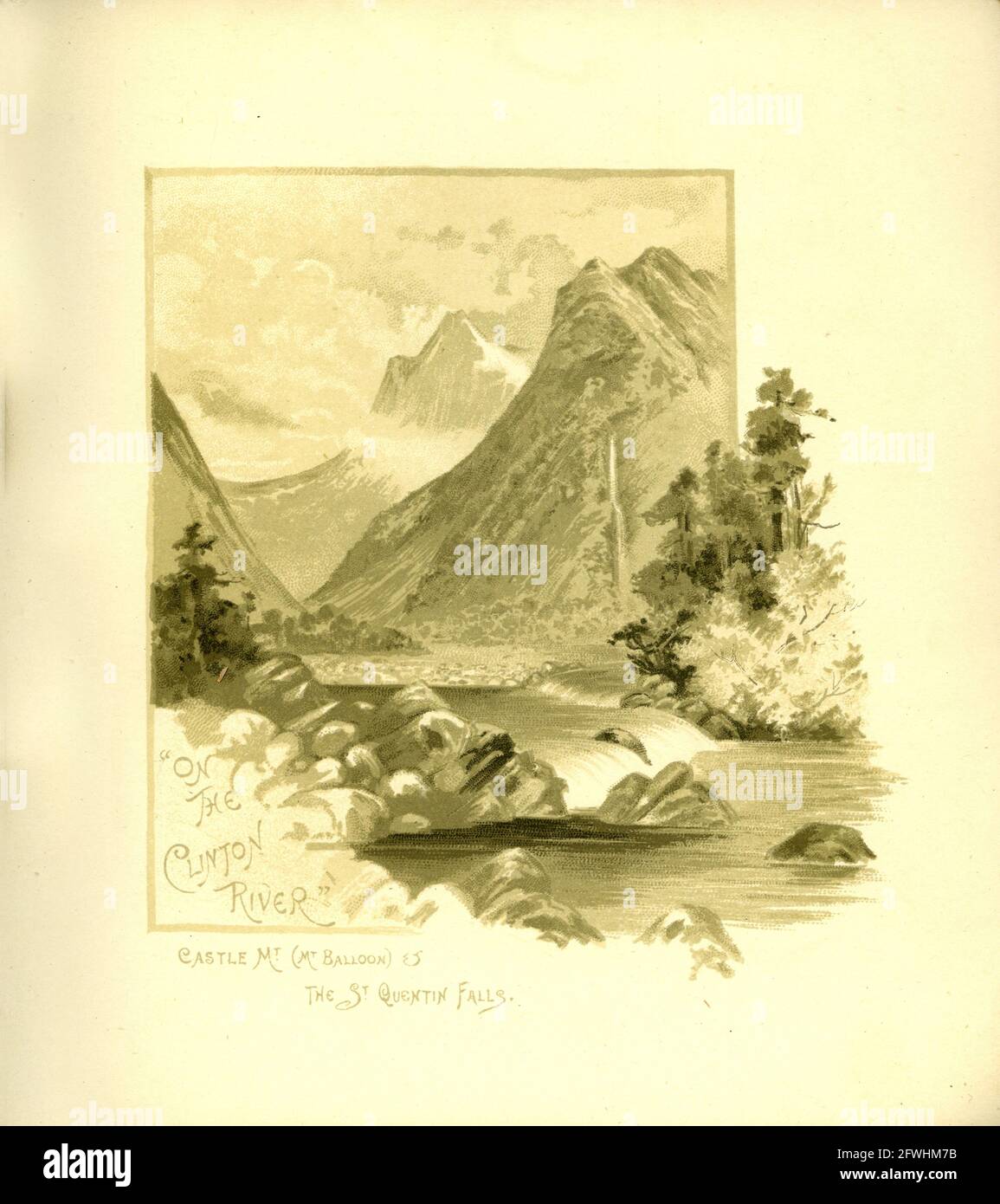 Vintage painting of the St Quentin Falls on the Clinton River with Castle Mount in the background, Fiordland, New Zealand, from a tourist publication in 1894 Stock Photo