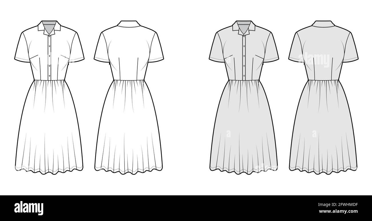 Dress house shirt technical fashion illustration with short sleeves, knee length full skirt, classic henley collar. Flat apparel front, back, white, grey color style. Women, men unisex CAD mockup Stock Vector