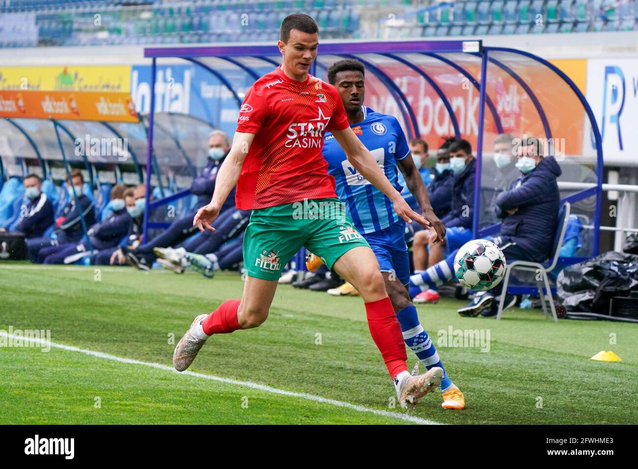 Gent Belgium May 13 Frederik Jakel Of Kv Oostende Battles For Posession With Yonas Malede Of Kaa Gent During The Jupiler Pro League Match Between Stock Photo Alamy