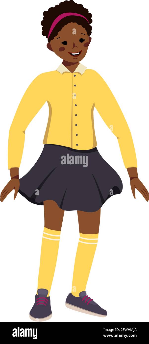 A cute little girl in a skirt and shirt with dark skin and black curly hair. Happy smiling African American kid. Teenager with face and eyes. World Stock Vector