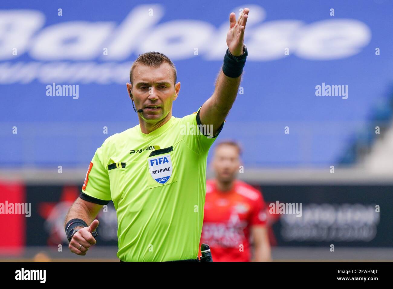 GENT, BELGIUM - MAY 13: Referee Nicolas Laforge during the jupiler pro ...