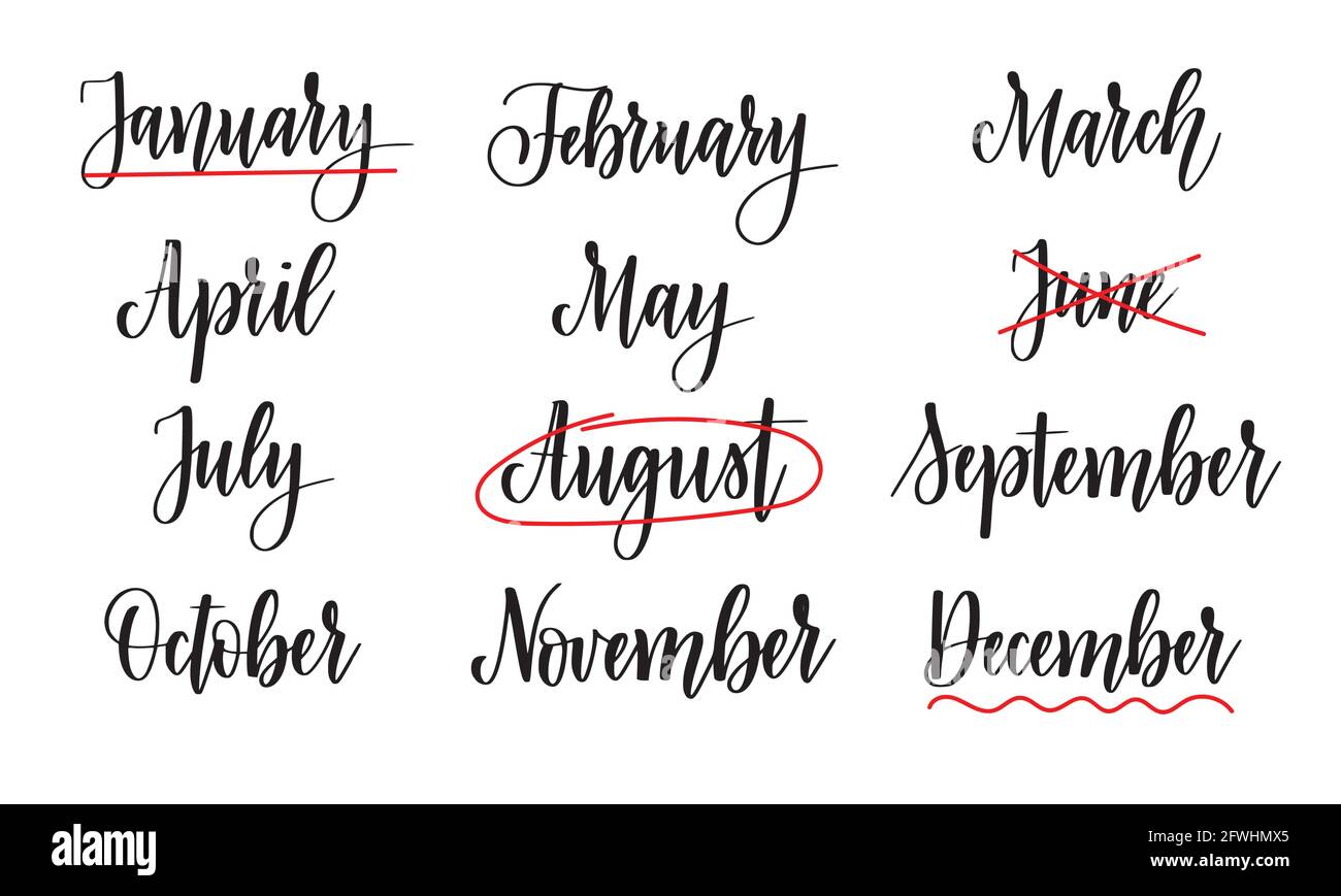 Vector calligraphy months names. Abstract calendar lettering design Stock Vector