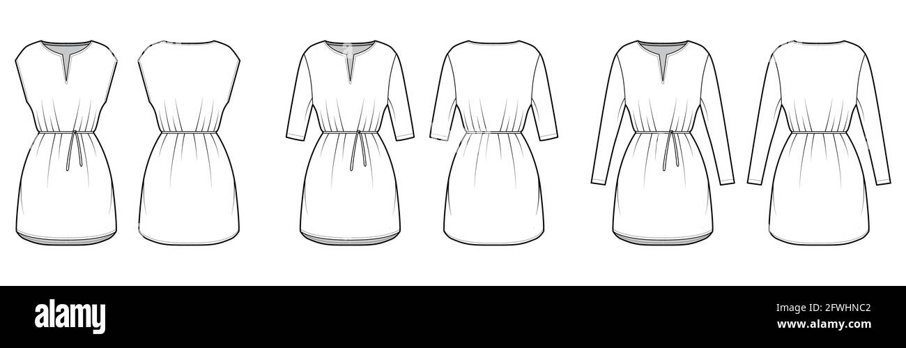 Set of dresses tunic technical fashion illustration with tie, long elbow sleeves, oversized body, mini length skirt, slashed neck. Flat apparel front, back, white color style. Women, men CAD mockup Stock Vector