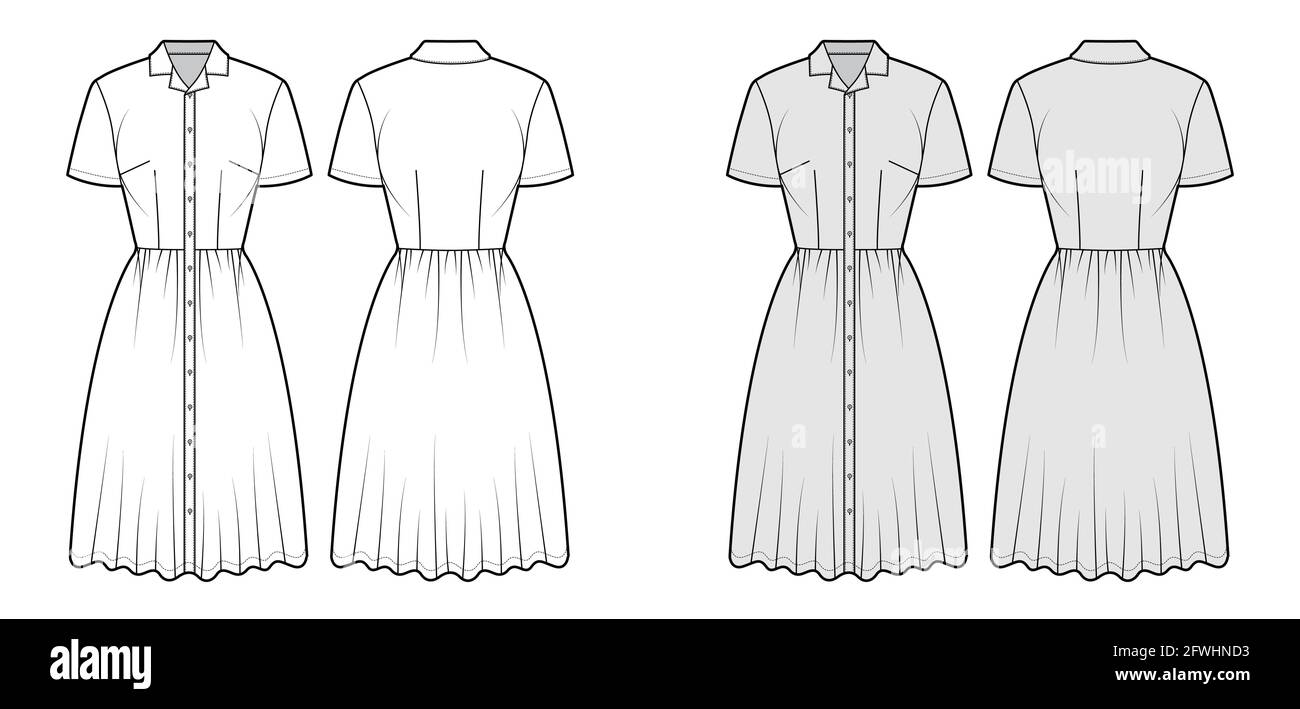 Dress shirt technical fashion illustration with short sleeves, camp collar, fitted body, knee length full skirt, button closure. Flat apparel front, back, white, grey color style. Women men unisex CAD Stock Vector