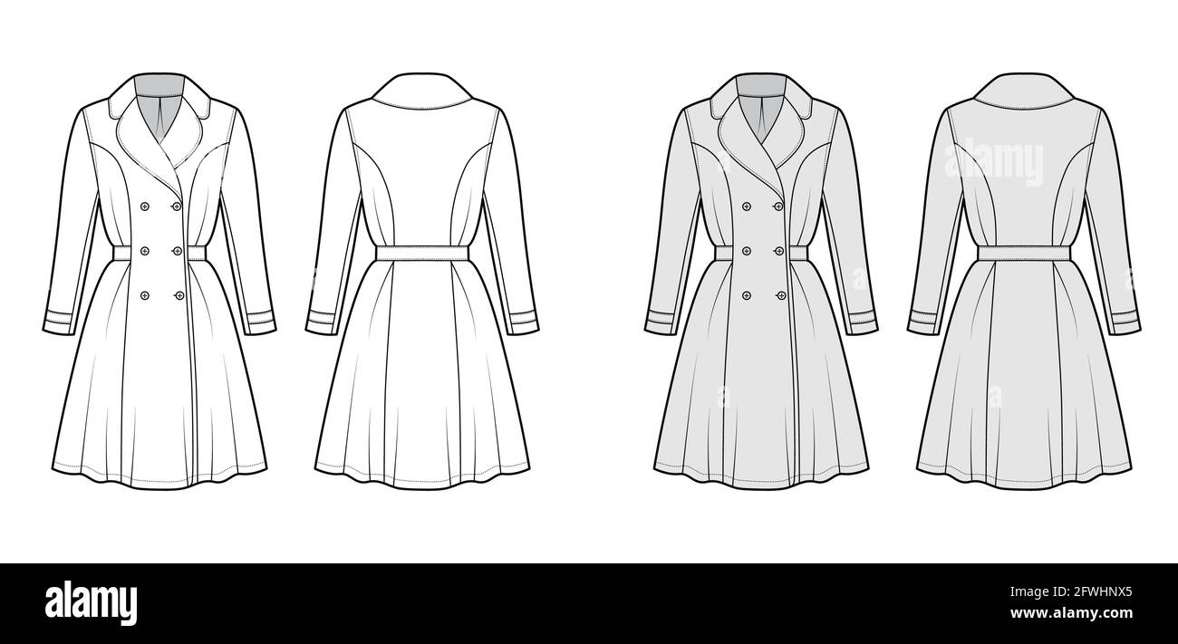 Dress coat trench technical fashion illustration with double breasted