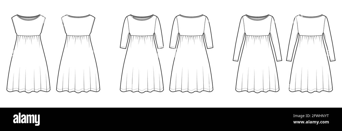 Set of dresses babydoll technical fashion illustration with long elbow sleeves, oversized body, knee length A-line skirt, boat neck. Flat apparel front, back white color style. Women, men unisex CAD Stock Vector