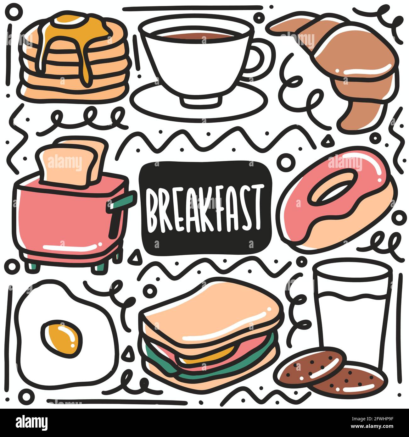 hand-drawn doodle breakfast food art design element illustration Stock Vector