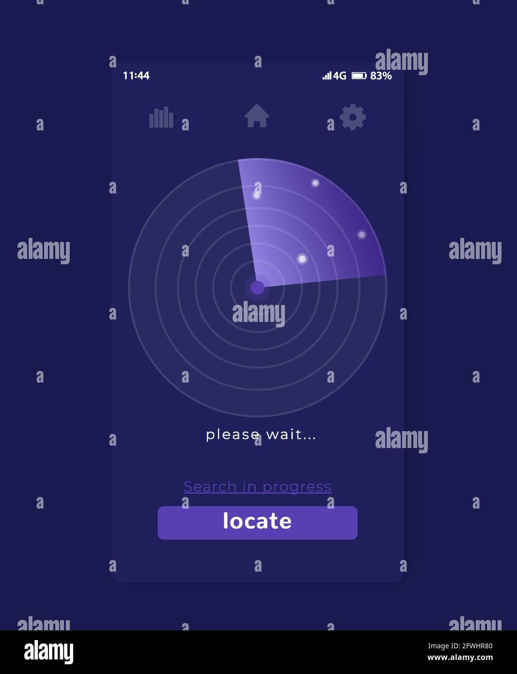 Search app with radar, mobile ui design, vector Stock Vector Image