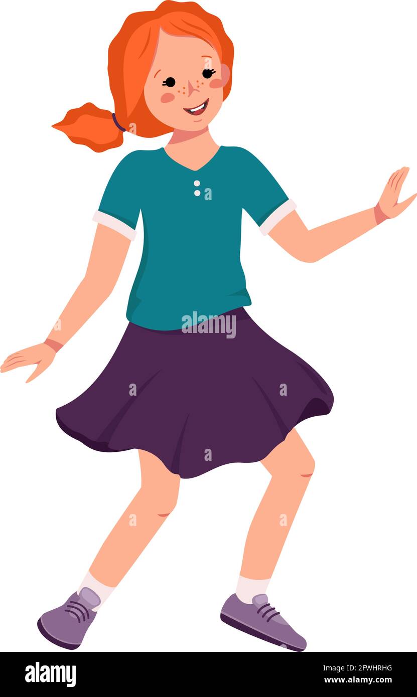 A girl with red curly hair and freckles in a shirt, skirt and sneakers dance. Happy cute kid smiling. Teenager with a face in casual clothes. World Stock Vector