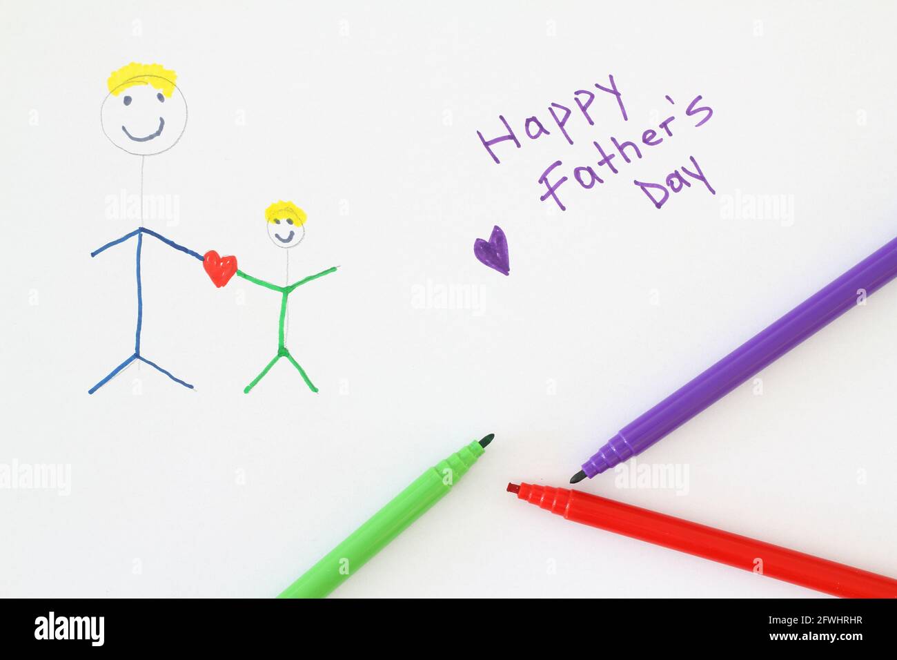 Kid's happy fathers day drawing and color pencils over white Stock ...