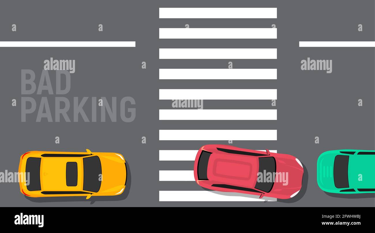 Bad parking car top view. Wrong parking area traffic road rules, flat
