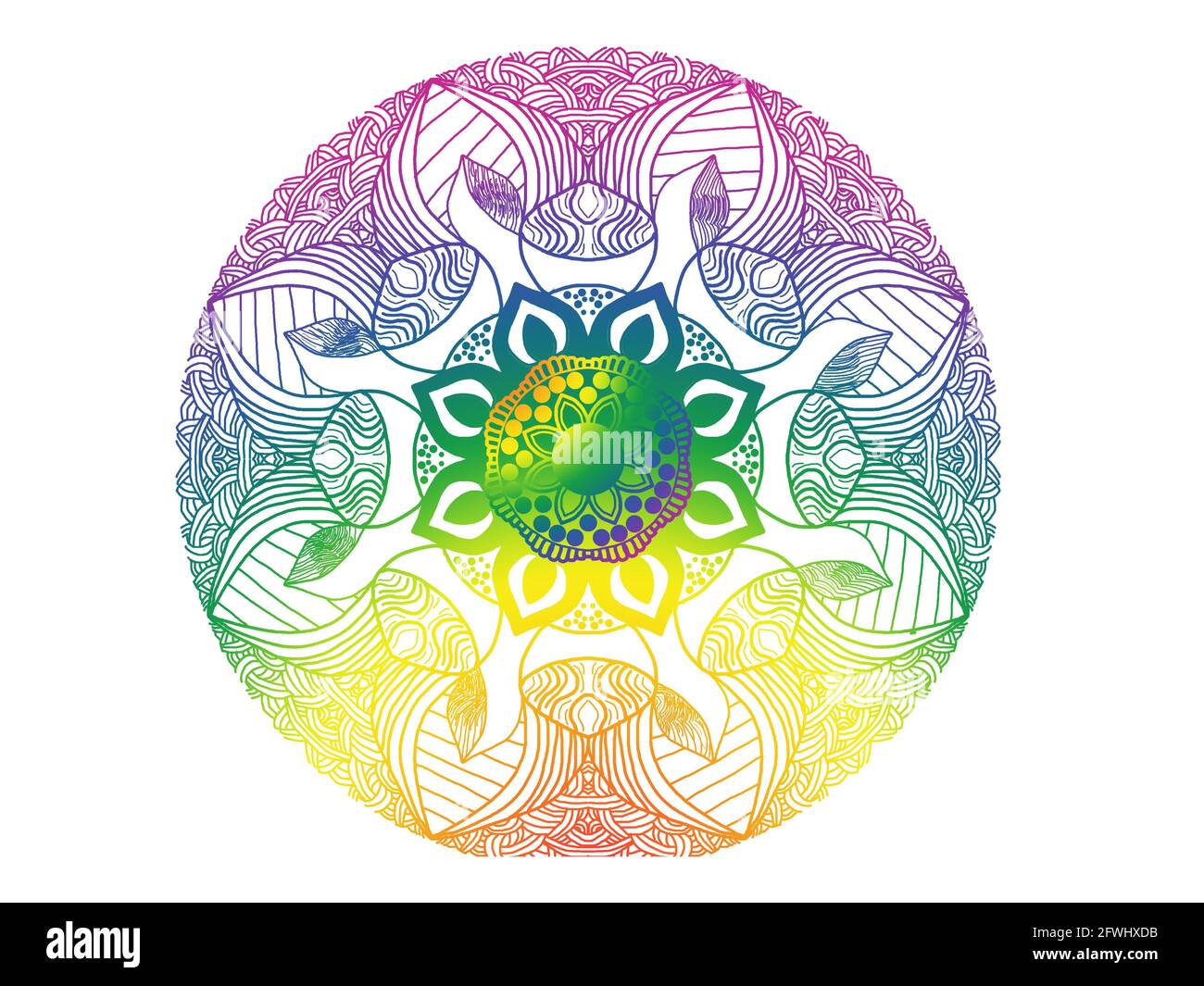 Hand drawn mandala design with rainbow pride colors on white background. Great for festival, wallpaper, desktop. Stock Photo