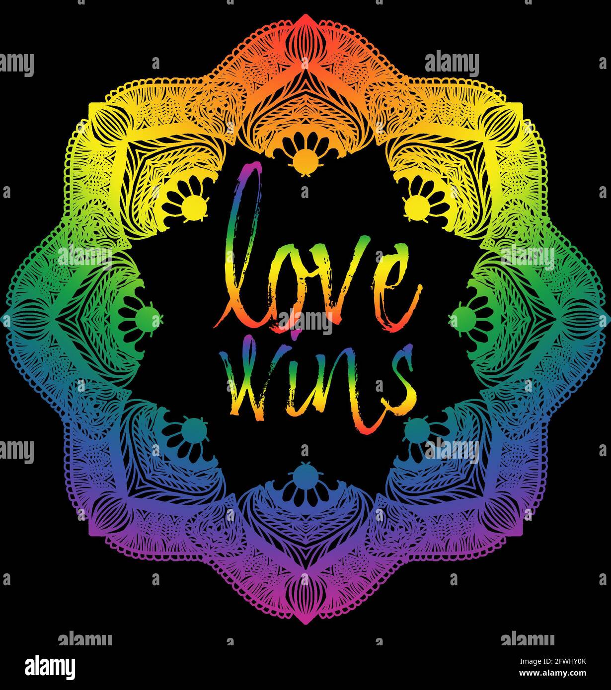 LOVE WINS Pride LGBTQ themed hand drawn mandala with black background and rainbow colors. Stock Photo