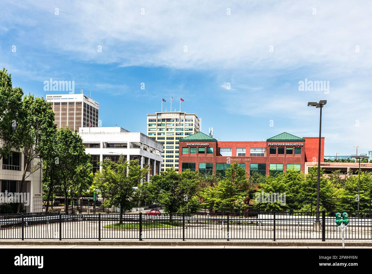 CHATTANOOGA, TN, USA-9 MAY 2021:Part of the Chattanooga skyline, showing Market Court, the Liberty Tower, Regions Center, and  the Republic Center. Stock Photo