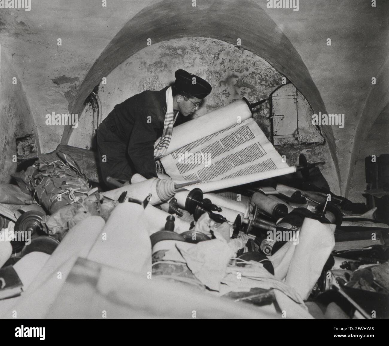 World War Two WWII WW 2 Hebrew and Jewish books and Saphor Torahs from many countries were among uncovered Nazi loot stolen Jewish items by the Germans Stock Photo
