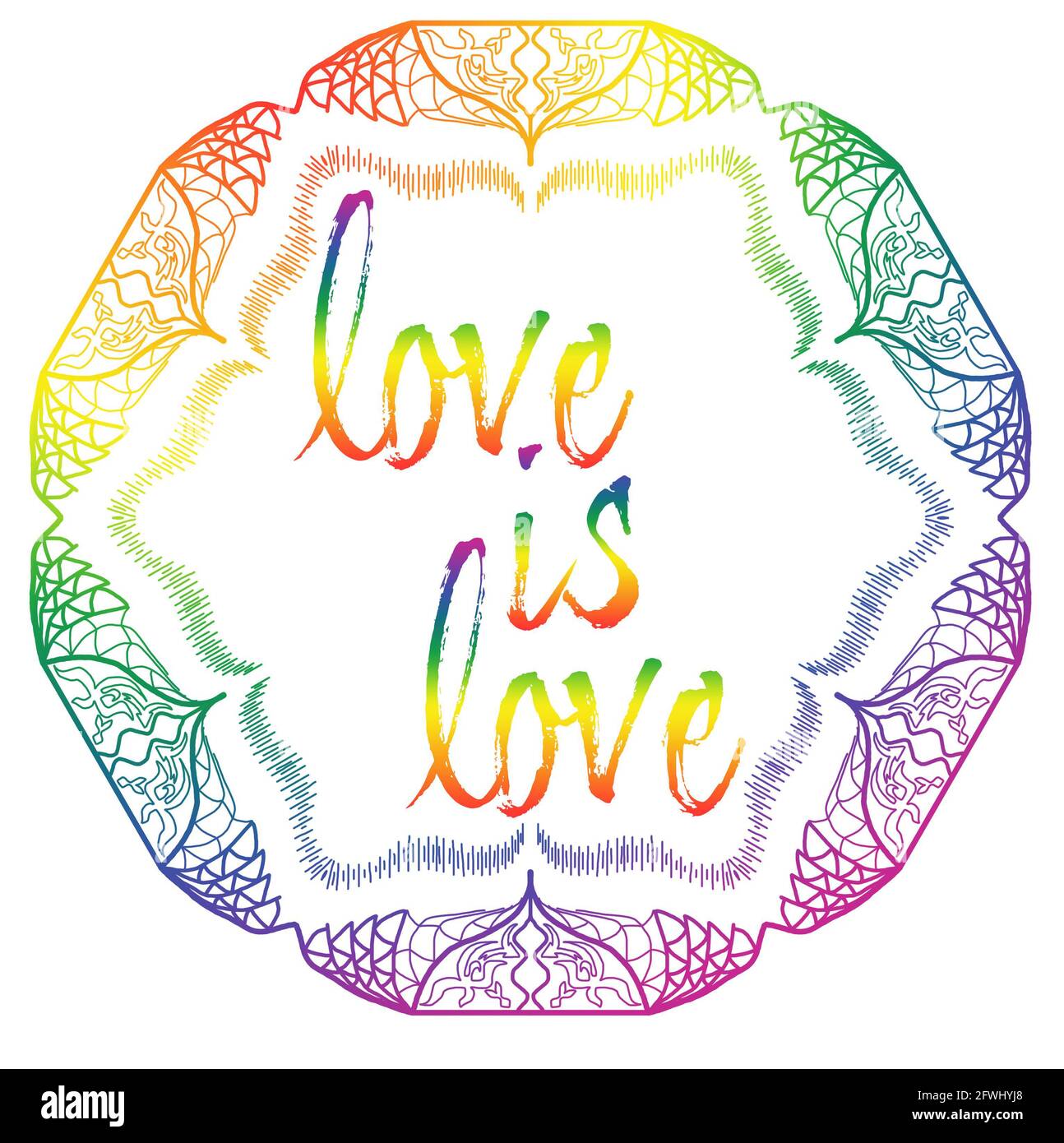 LOVE IS LOVE Mandala hand drawn with rainbow colors for gay pride festival, LGBTQ with white background and bright theme. Stock Photo