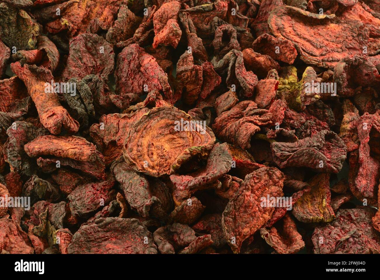 Closeup food background and texture of organic red beet chips Stock Photo