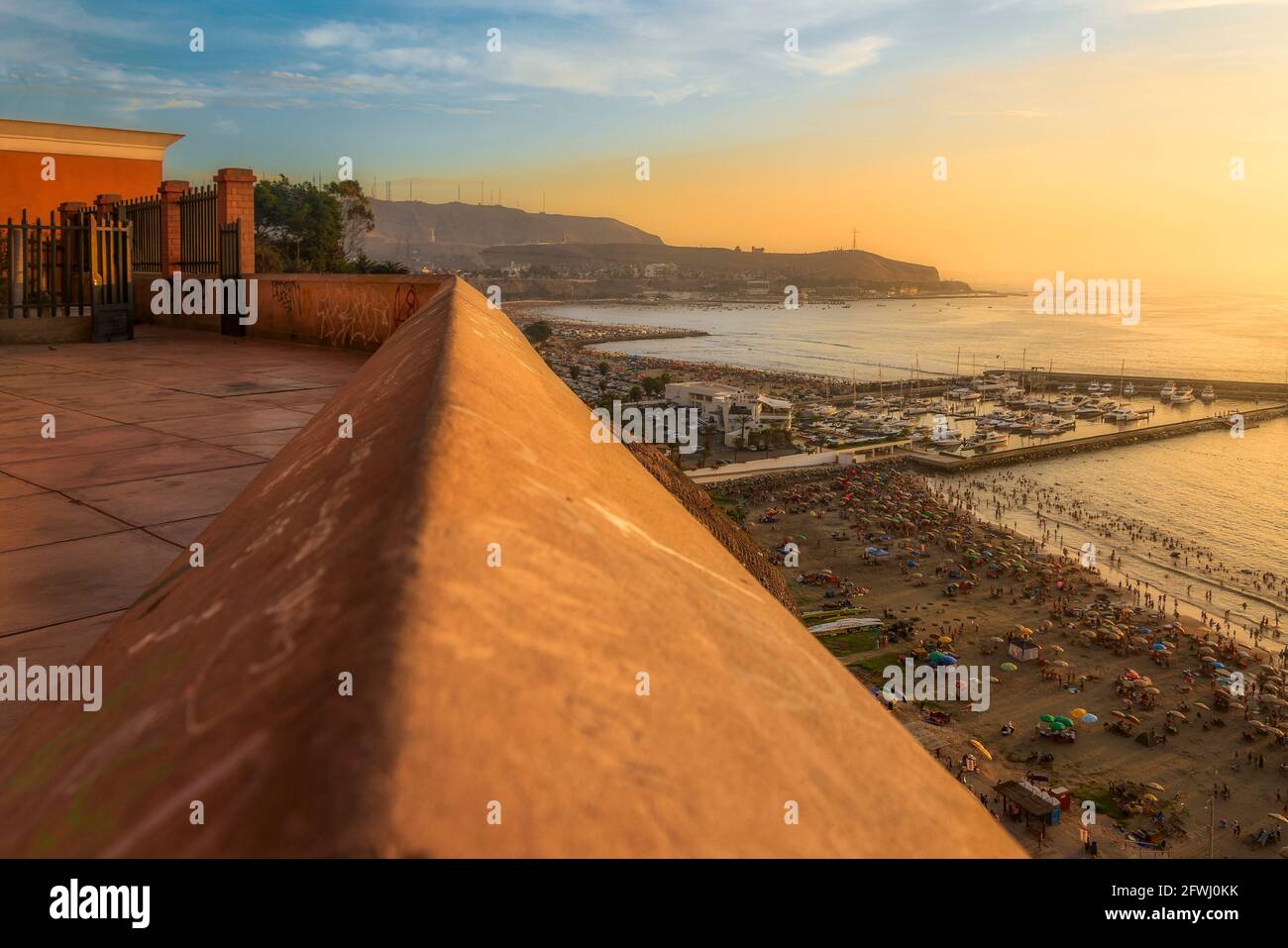 Looking at the beaches of Barranco at sunset, Lima, Peru. Stock Photo