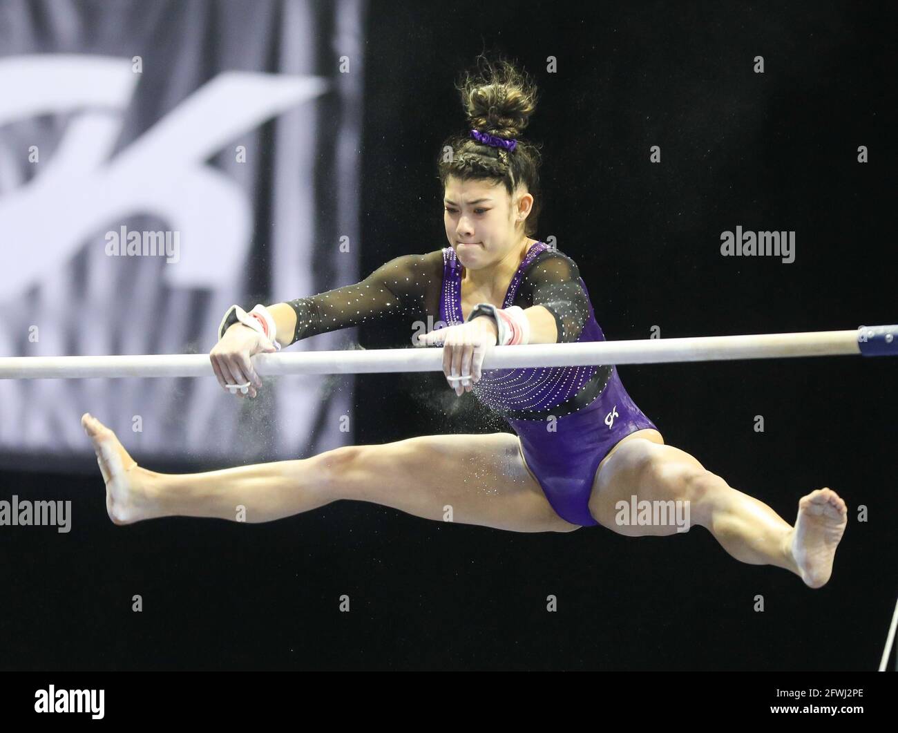 Indianapolis, USA. May 22, 2021: Kayla DiCello performs on the uneven bars during the 2021 GK U.S. Classic at the Indiana Convention Center in Indianapolis, IN. Kyle Okita/CSM Credit: Cal Sport Media/Alamy Live News Stock Photo