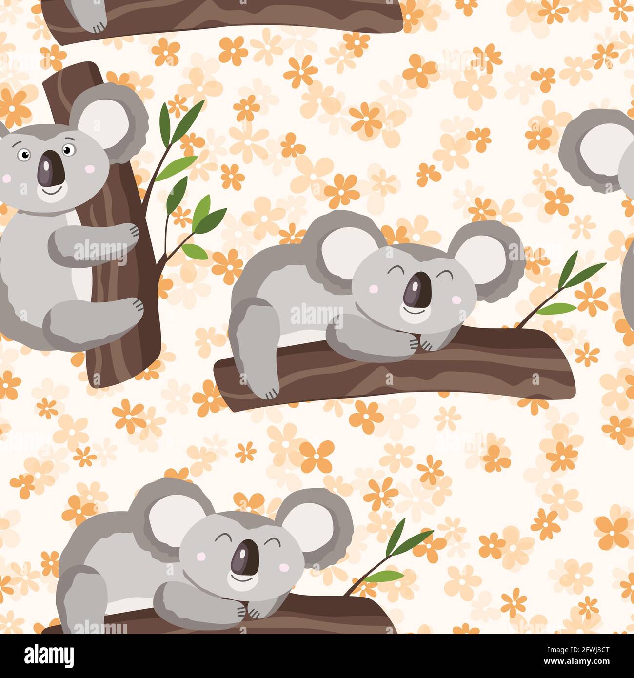 Seamless pattern with cute koala baby and flowers on color background ...