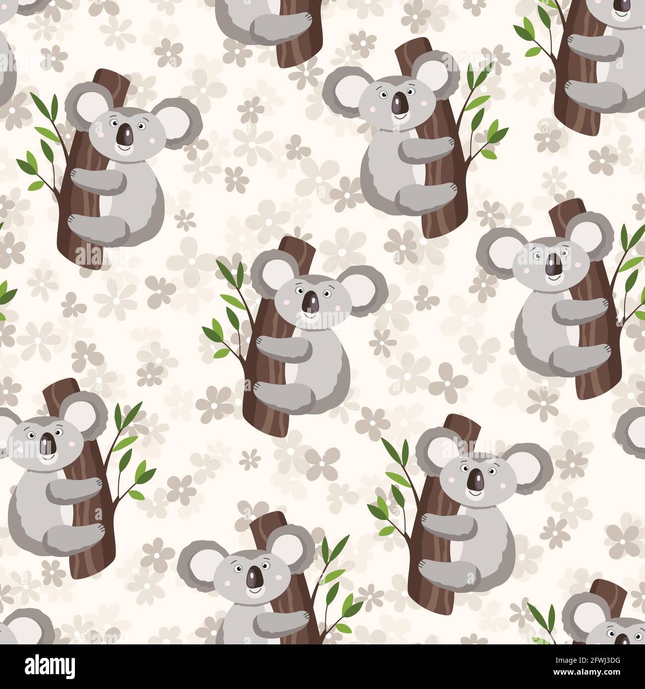 Seamless pattern with cute koala baby and flowers on color background ...