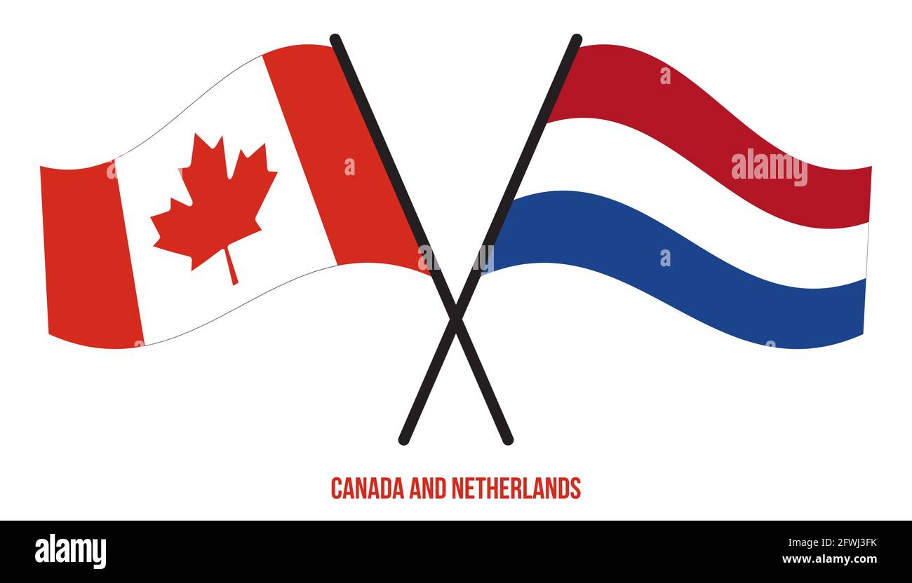 Canada and Netherlands Flags Crossed And Waving Flat Style. Official