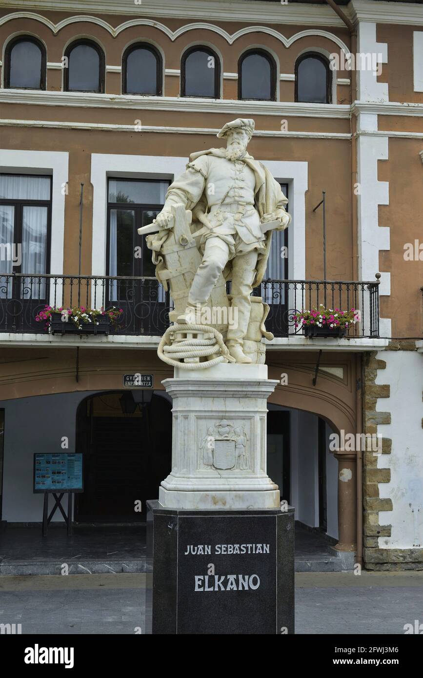 Sculpture by Juan Sebastian Elcano located in the town of Guetaria Basque Country-Spain Stock Photo