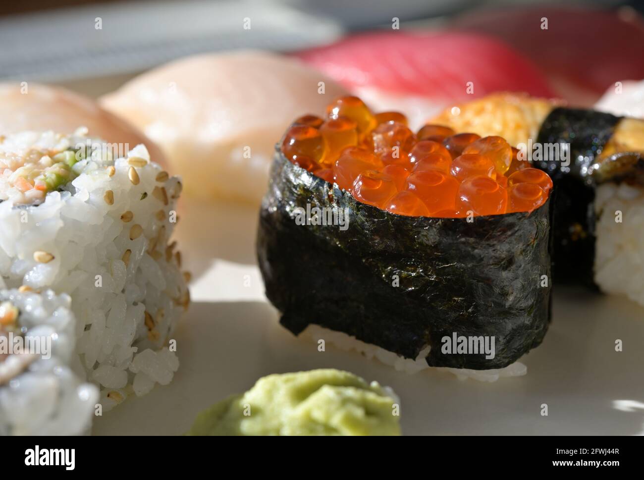 Japanese Ikura Nigiri (salmon roe), Silicon Valley CA Stock Photo