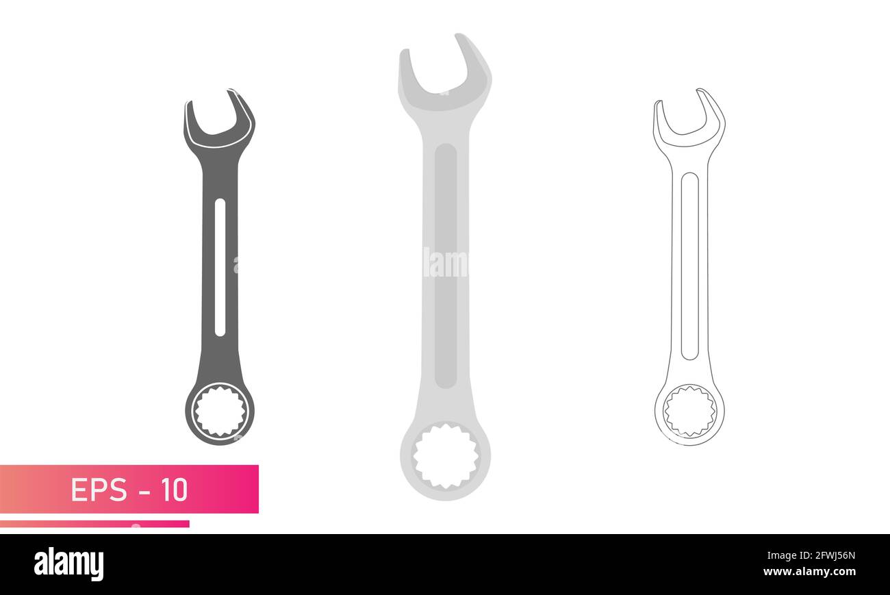 Set, Combination wrench for nuts. Linear, solid and realistic design. On a white background. Tools for an auto mechanic. Flat vector illustration. Stock Vector