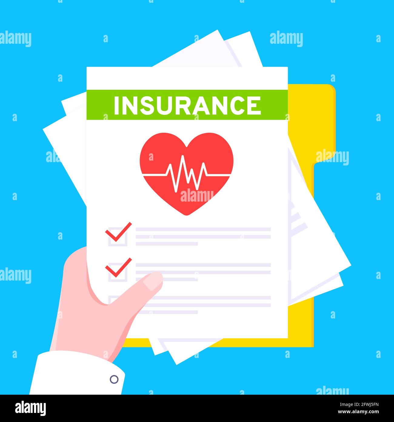 Hand hold medical insurance claim form with file paper sheets flat