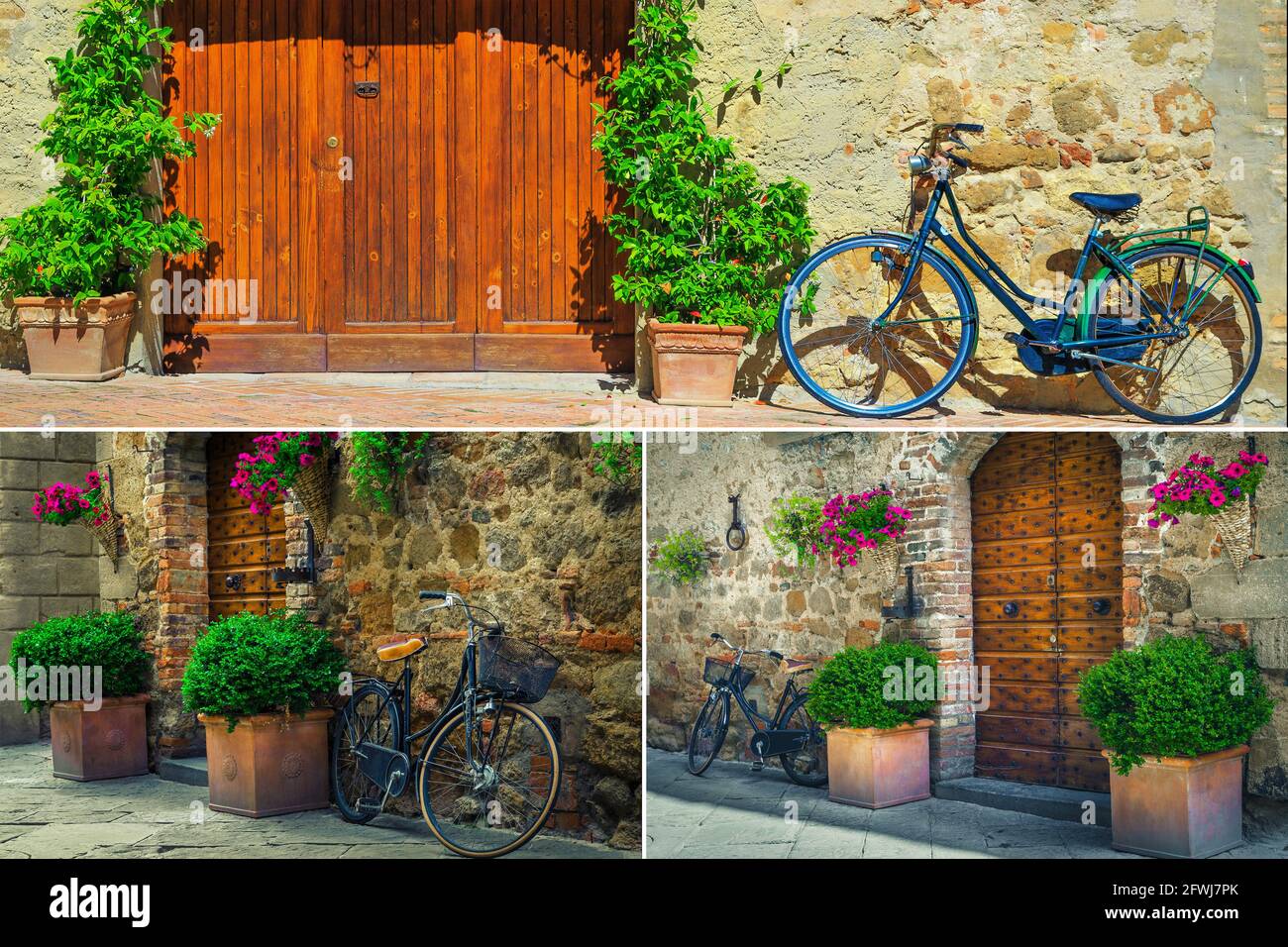 Collage of retro bicycles and flowery tuscan street concept, Italy, Europe Stock Photo