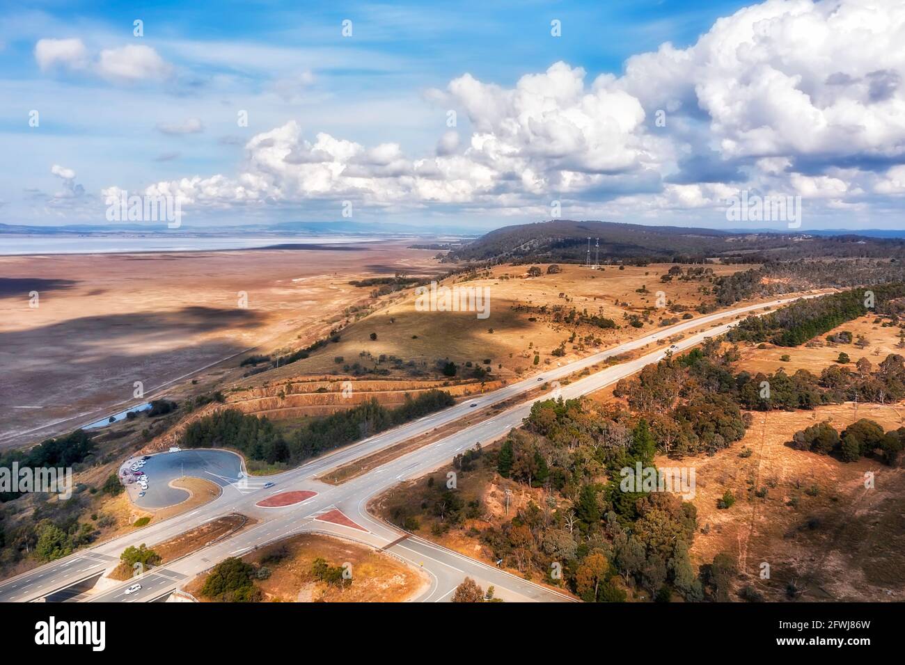 Federal Highway Sydney Canberra in Australia - scenic lookout stop over near Lake George - aerial view. Stock Photo