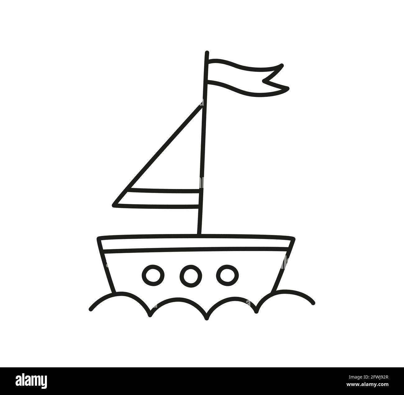 Hand drawn sailing ship on the waves. Doodle boat. Children drawing. Isolated vector illustration in doodle style on white background Stock Vector