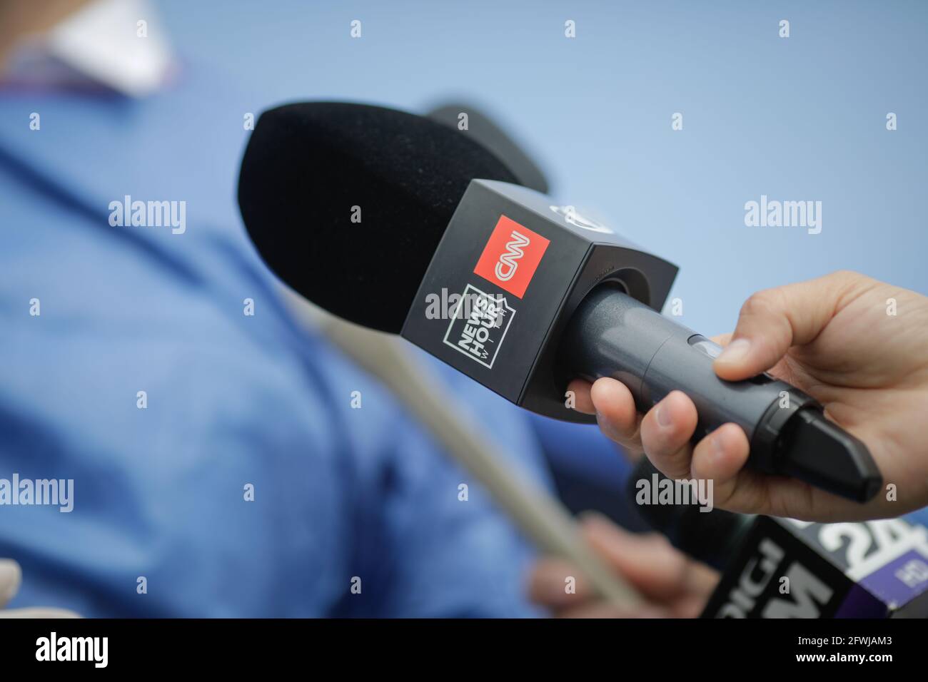 Bucharest, Romania - May 22, 2021: Details with a News Hour with CNN - Antena 3 news broadcaster microphone during a press conference. Stock Photo