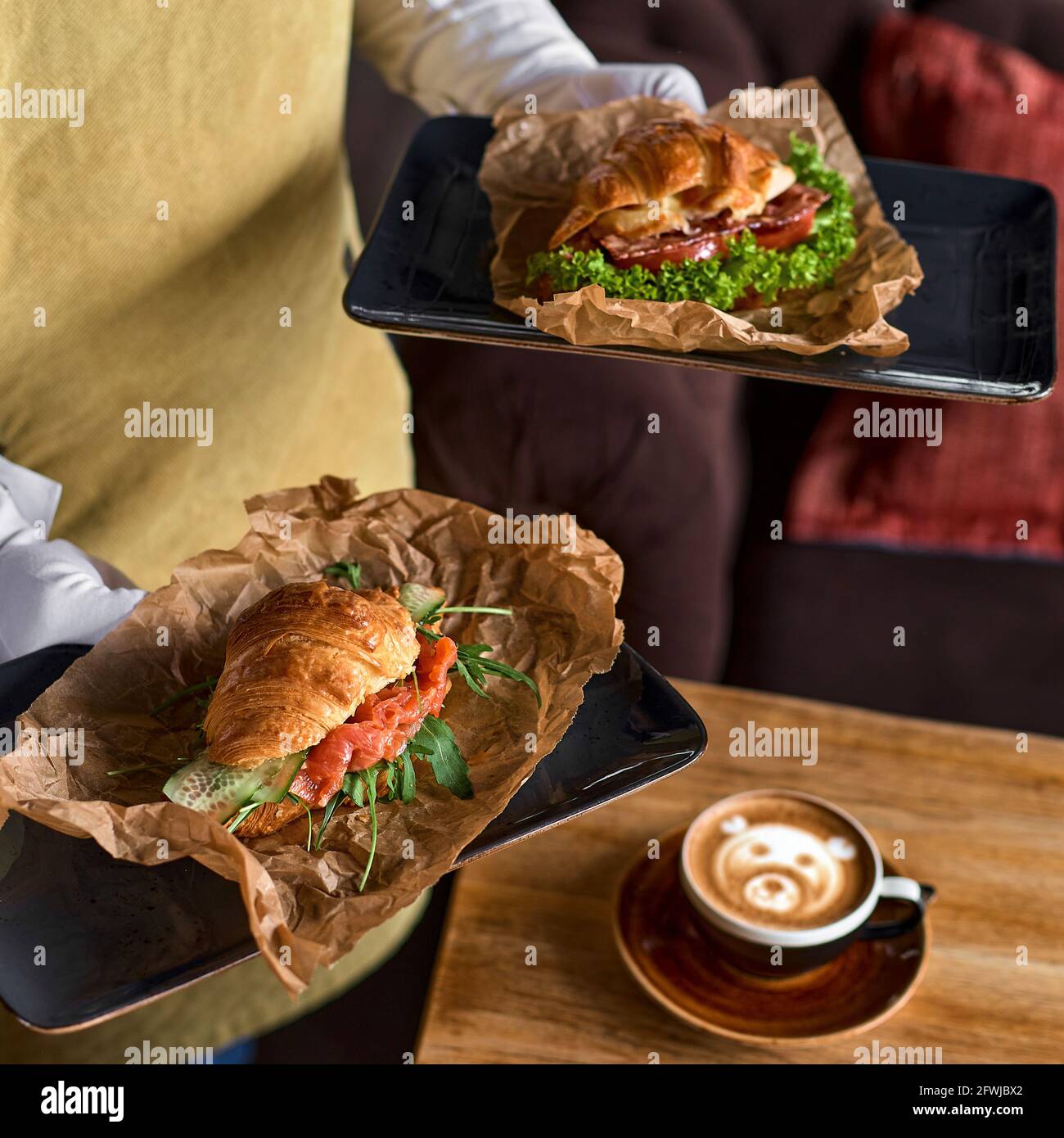 Food, breakfast, morning and lunch concept. Fresh croissant sandwich ...