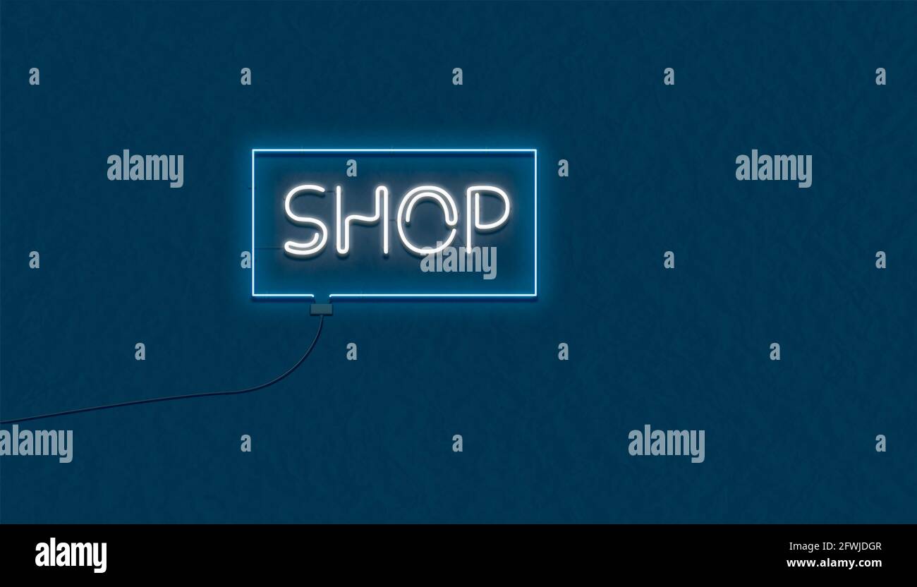 Glowing neon sign SHOP over dark blue background. (Illustration Stock ...