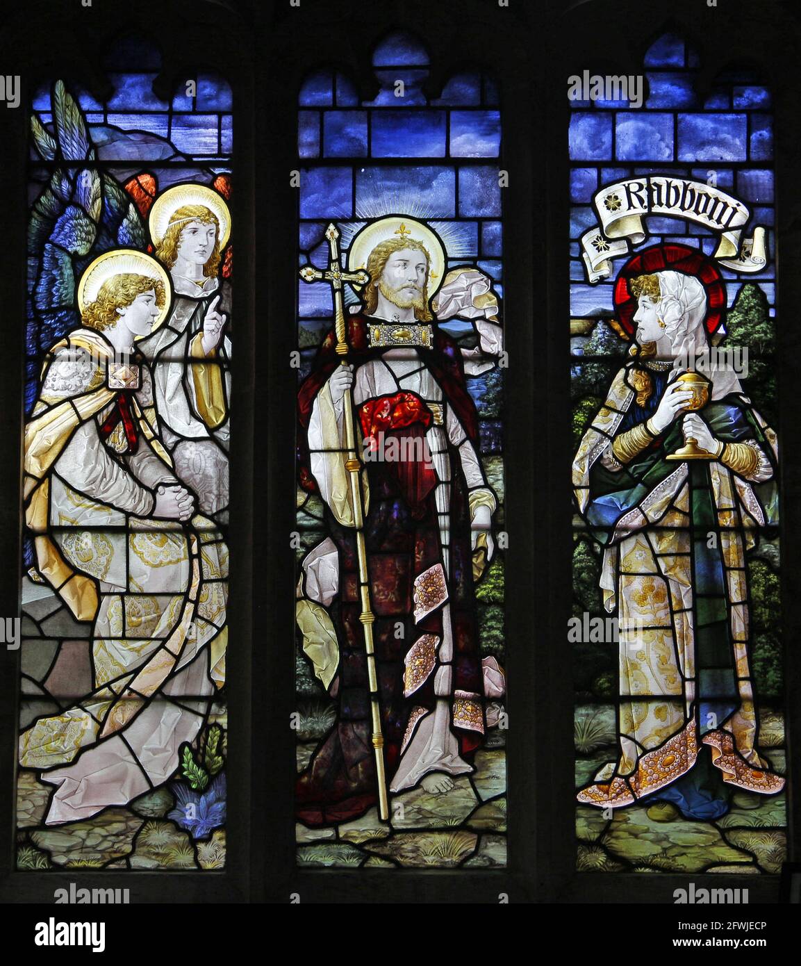 Stained glass window by Percy Bacon & Brothers depicting, the appearance of Christ to Mary Magdalene, St Andrew's Church, Leigh, Dorset Stock Photo