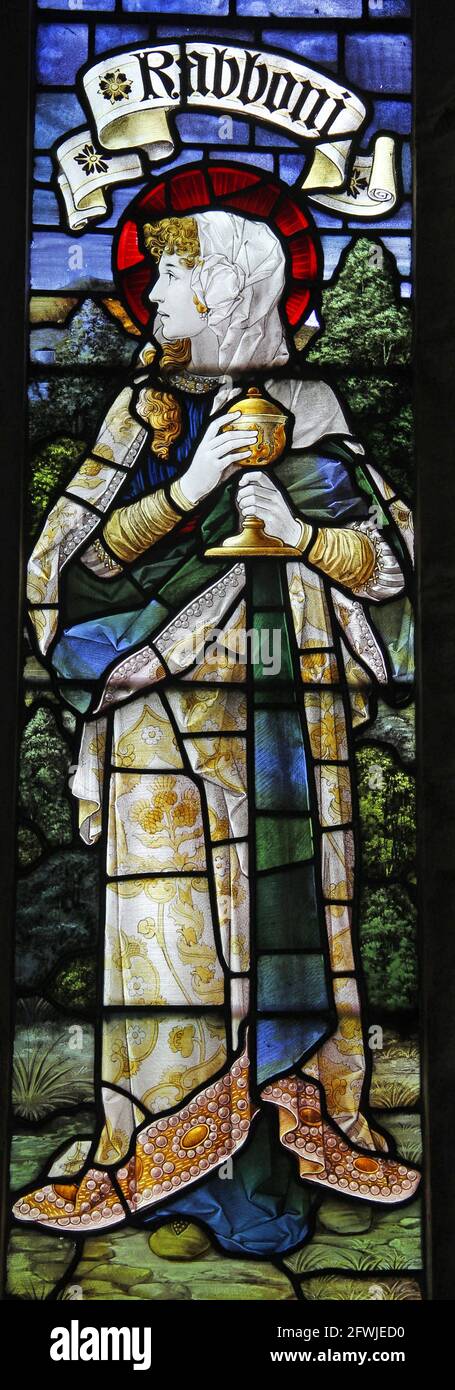 Stained glass window by Percy Bacon & Brothers depicting St Mary Magdalene at the appearance of Christ at the tomb, St Andrew's Church, Leigh, Dorset Stock Photo