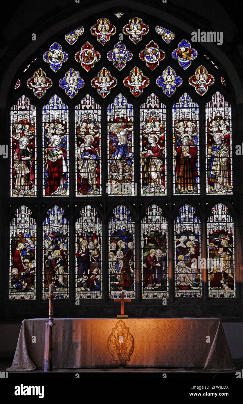 Stained glass window by Clayton & Bell depicting the Passion and Crucifixion of Jesus, Lady St Mary Church, Wareham, Dorset Stock Photo