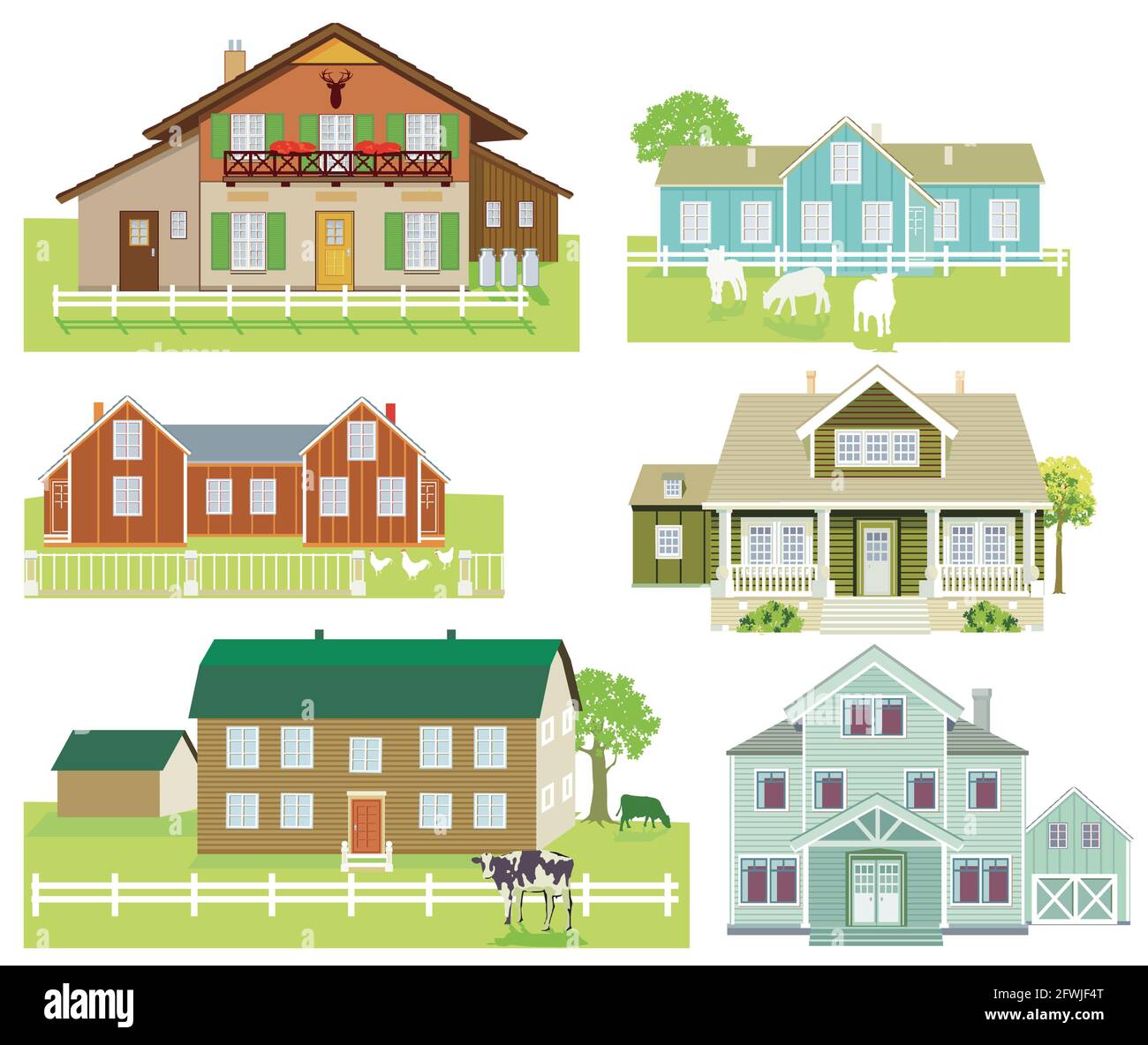 Set of farm houses and country houses, illustration isolated Stock Vector