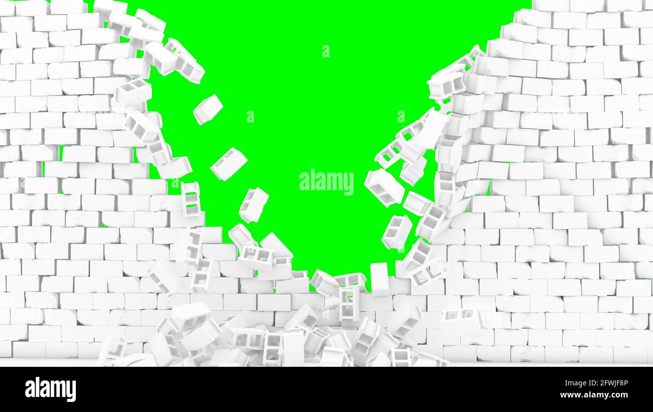 Wall destroy in 3d style on green background Crash stone brick