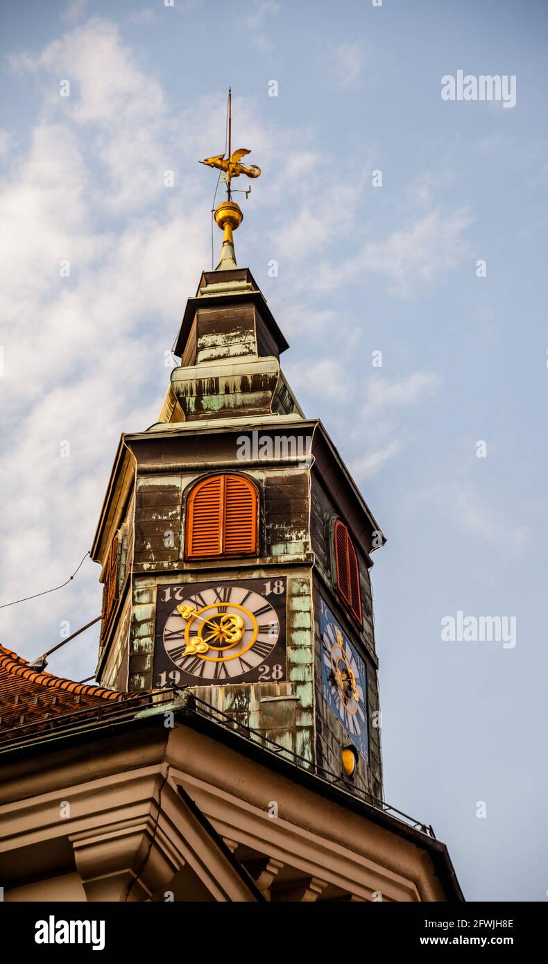 Clock tower of Ljubljana's City Hall. Slovenia Stock Photo