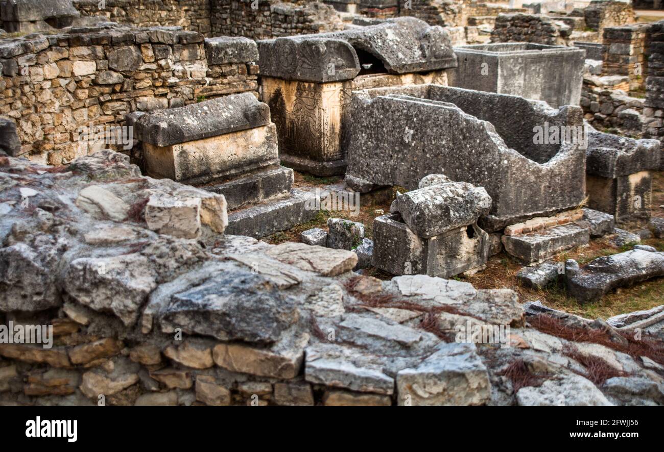 Ruins of the Basilica and cemetery of Manastirine in the ancient Roman city of Salona, near Split, Croatia. Stock Photo