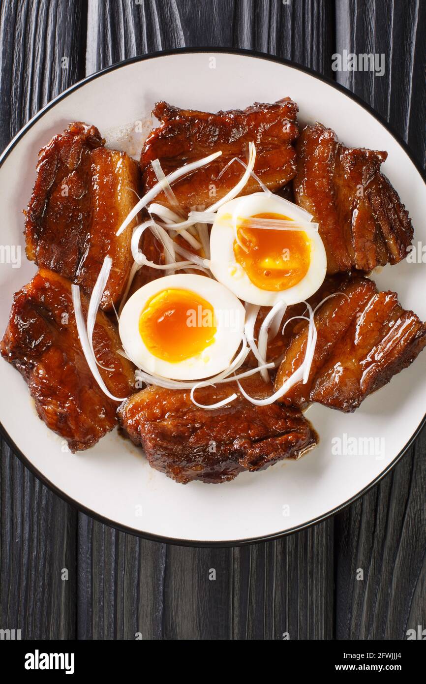 Kakuni is the Japanese braised pork belly served with boiled eggs close