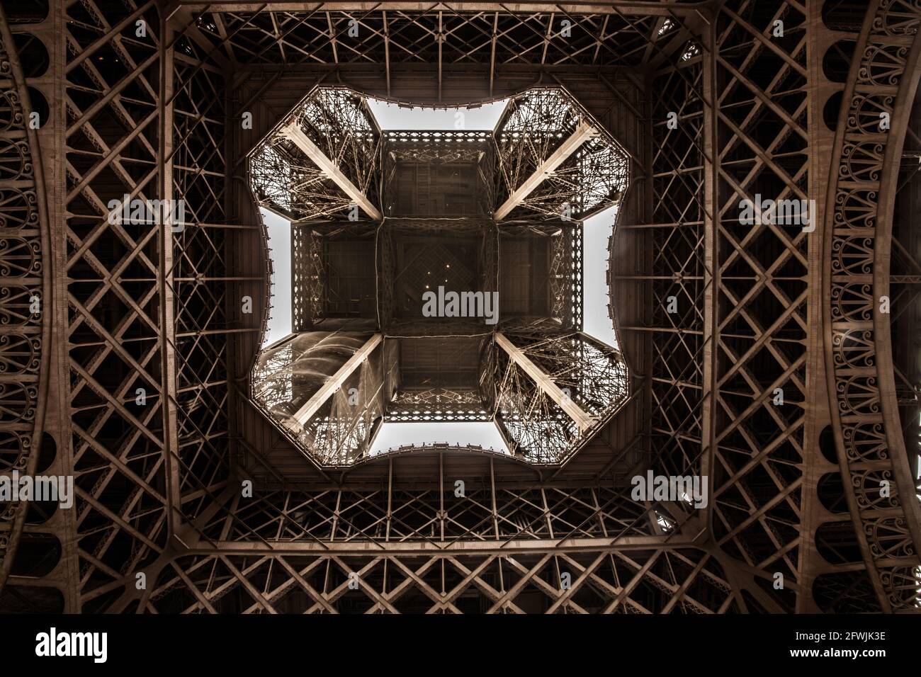 Close up of iron steel beams of the iconic Eiffel Tower in Paris, France Stock Photo