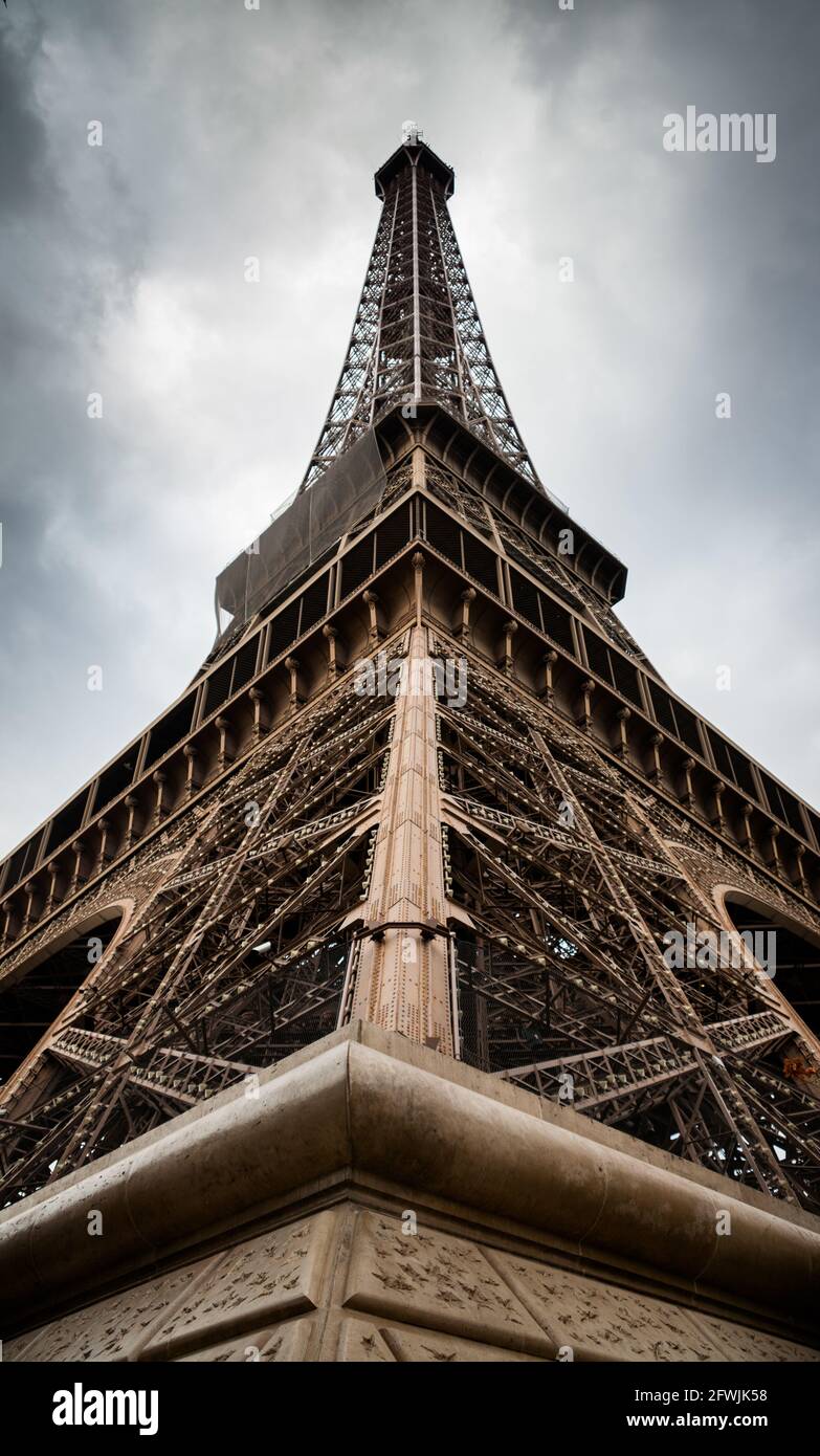 Closeup of base of the iconic Eiffel Tower in Paris, France Stock Photo
