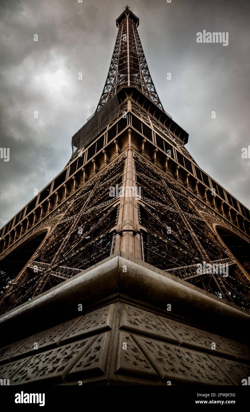 Closeup of base of the iconic Eiffel Tower in Paris, France Stock Photo
