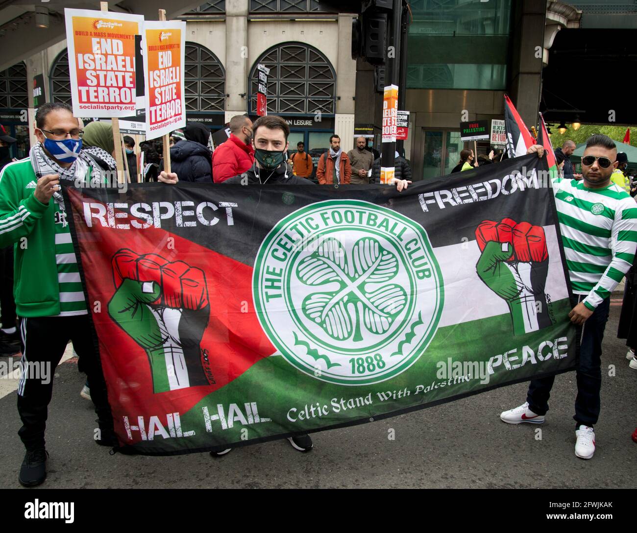 May 22nd  2021. Solidarity with Palestine march, Central London.Celtic football club supporters. Stock Photo
