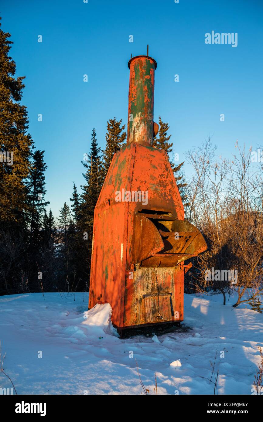 Old incinerator in the remote arctic native village of Noorvik in the